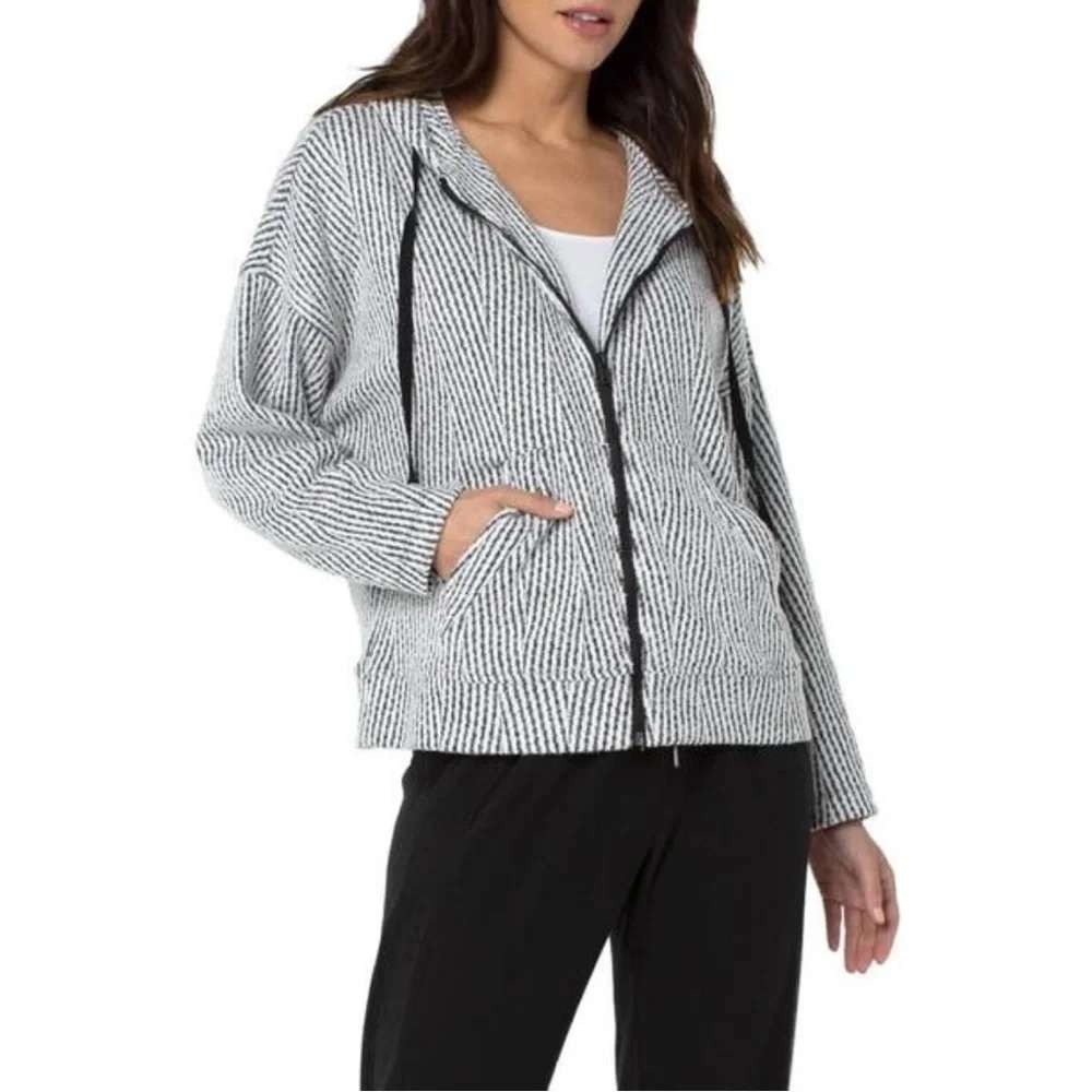 Liverpool Oversize Zip Up Hoodie Women Medium Gray White Striped Knit Medium